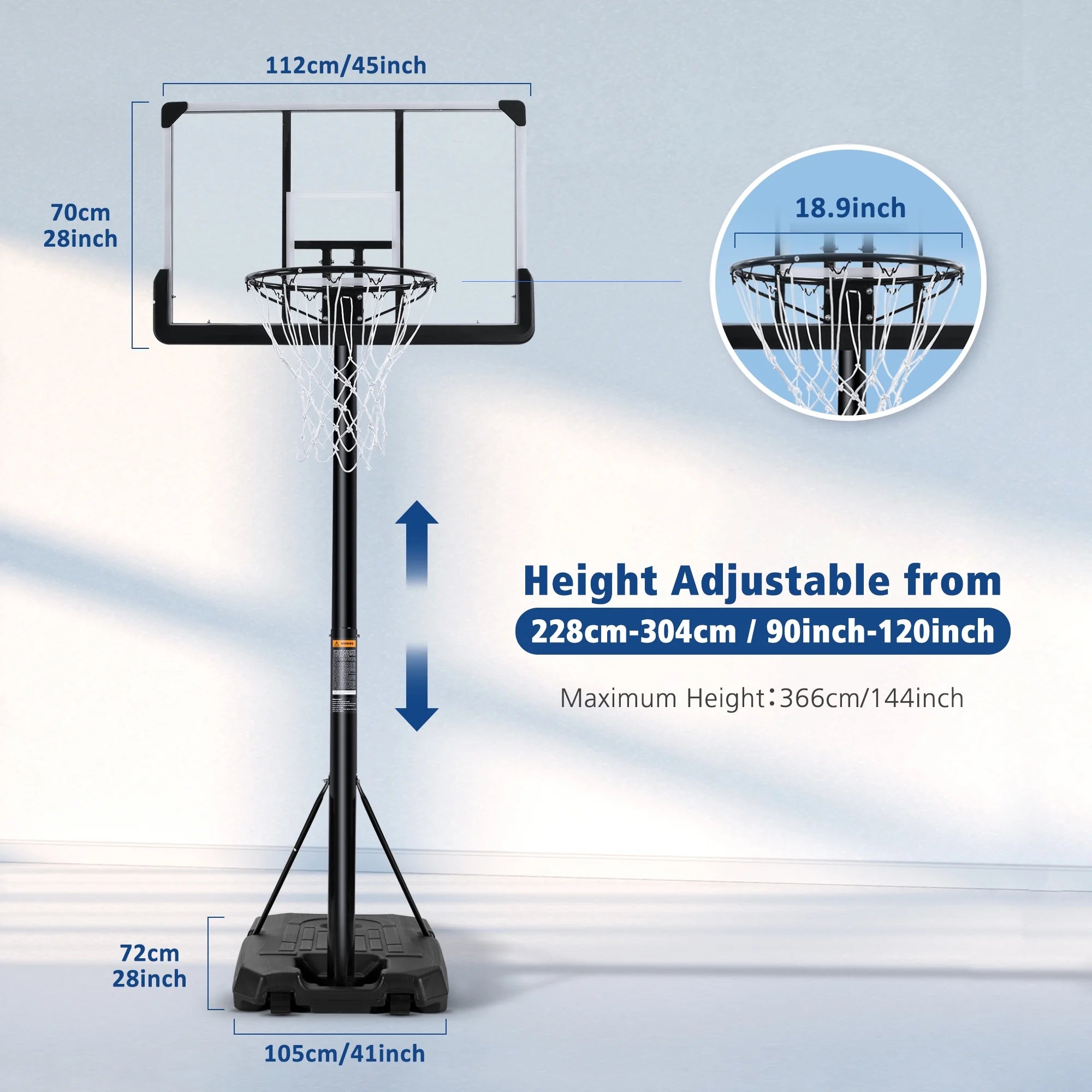 44In Basketball Hoop Portable Basketball System with Adjustable Height with Big Backboard and Large Base for Youth Adults Family Indoor Outdoor