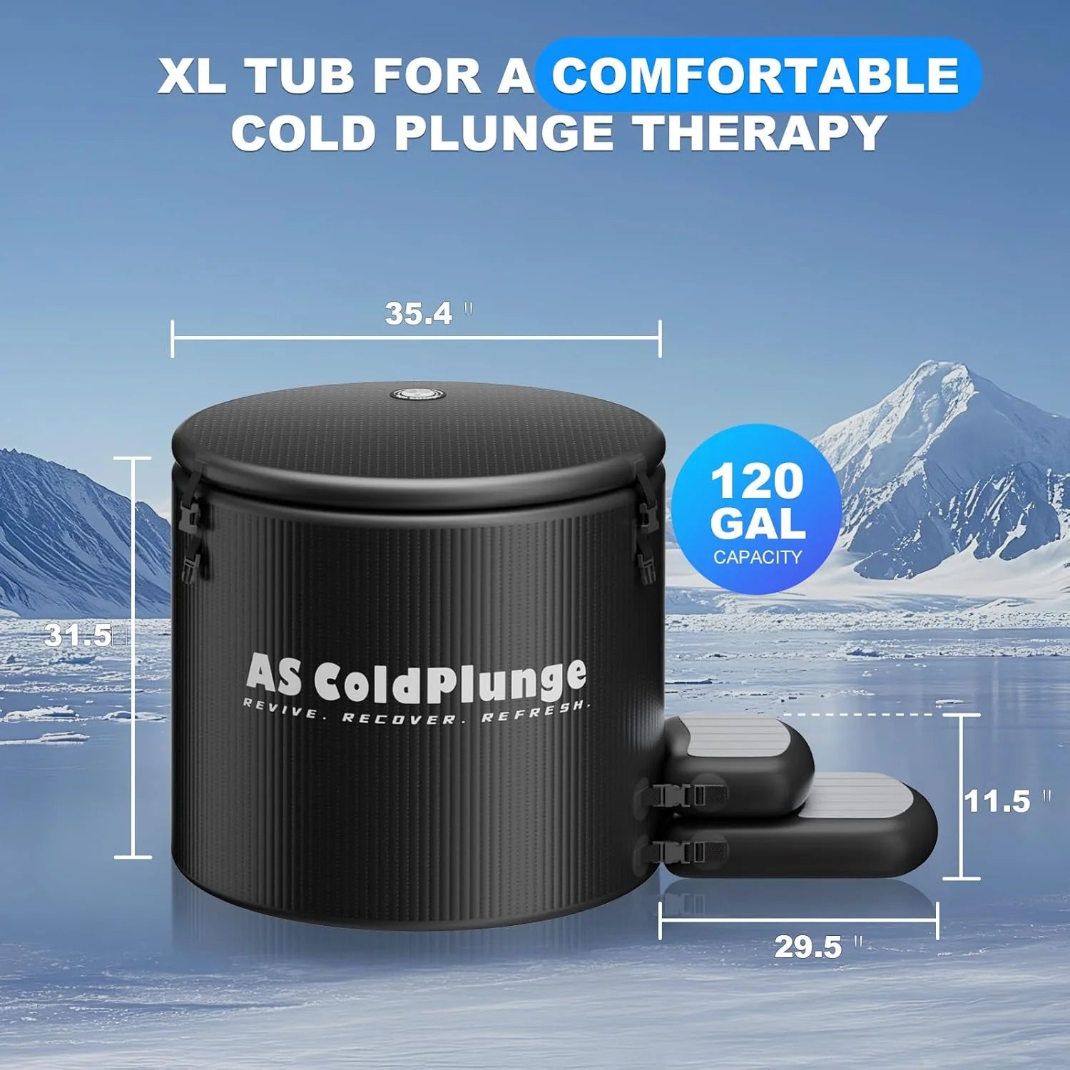 XL Ice Bath Tub for Cold Plunge, 120 Gal Ice Plunge Tub with Insulated Lid, Step Stool, Portable Inflatable Ice Pod Plunge Barrel, Easy Chiller Connection, Cold Therapy Indoor Outdoor